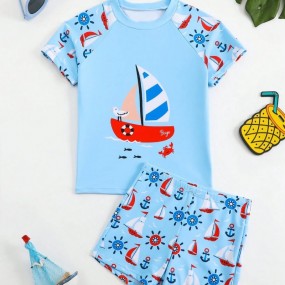 Young Boy Sailing Boat Print Raglan Short Sleeve Top And Shorts Swimsuit Set