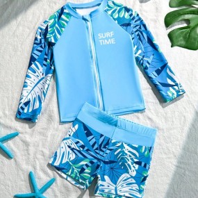 Young Boy Tropical Plant Print Raglan Sleeve Top And Shorts 2 Piece Swimsuit, Screen Printed Design