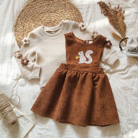 SHEIN Vintaside Kids Baby Girl Cute Embroidered Squirrel Pattern Long Sleeve Top & Dress, Pinafore Dress Fall Clothes Outfit, Adorable & Sweet, Suitable For Various Occasions In Autumn/Winter