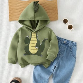 Cozy Pixies 2pcs Set Baby Boy Girl Cartoon Dinosaur Pattern Knitted Soft Hooded Long Sleeve Pullover Sweatshirt & Waist Long Pants, Fleece Lined Thick For Winter