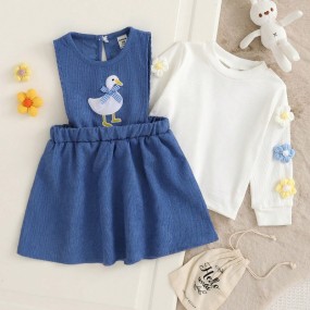 SHEIN 2pcs Baby Girls Autumn/Winter Dress Set, Comfortable Floral Embellished Knit Long Sleeve Top + Cartoon Duck Colorblock Corduroy Dress, Suitable For Outings And Daily Wear