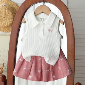 Souflis Souflis 2pcs Set Baby Girl Spring&Summer Casual Style Bowknot Shape Embroidery Sleeveless Top Short Pleated Skirt