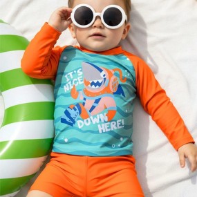 SHEIN 2pcs Baby Toddler Boys Cute Shark Print Stretchy Quick Dry Comfortable Knit Fabric Swimsuit, Suitable For Swimming, Beach, Pool, Surfing, Vacation