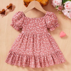 SHEIN Baby Girl Casual Heart Shaped Pattern Puff Sleeve Dress