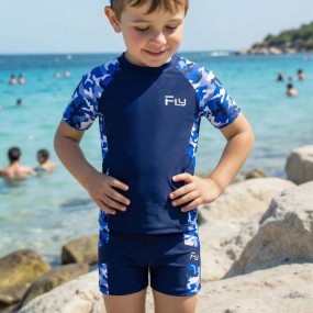SHEIN Young Boy Camouflage Patchwork Contrast Color Letter Print Casual Loose Fit Round Neck Short Sleeve TShirt & Shorts Swimwear Set
