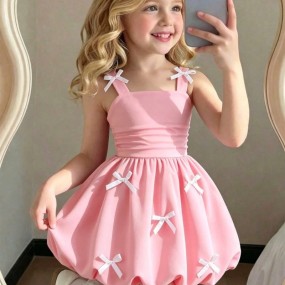 Young Girl Sweet Cute Dress With 3D Bow Decor, Suspender Waist Gathered Skirt