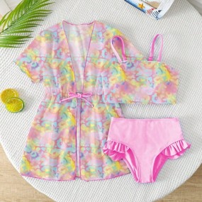 Young Girl Leopard Print Swimwear Set With Kimono Cover up Girls Beach Sets Girls 3 Pieces Swim Set Rainbow