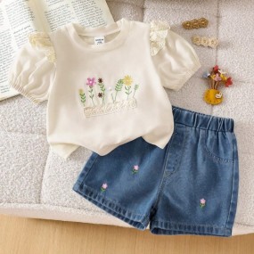 SHEIN Playful Pals Baby Girls Summer Casual Cute Round Neck Short Sleeve Embroidered Floral