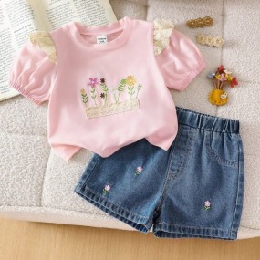 SHEIN Playful Pals Baby Girls Summer Casual Cute Round Neck Short Sleeve Embroidered Floral