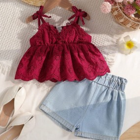 SHEIN Playful Pals Baby Girl Embroidered & Burnout Strap Tank Top And Shorts Set