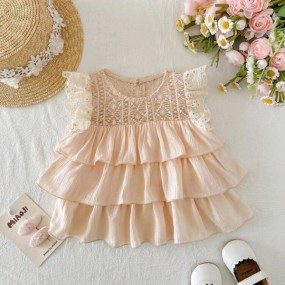 Cute Apricot Versatile Ruffle Lace Trim Flutter Sleeve Blouse Baby Girl Vintage Style Top Baby Girl Summer Top Baby Girl Lace Ruffle Top Apricot Baby Girl Top